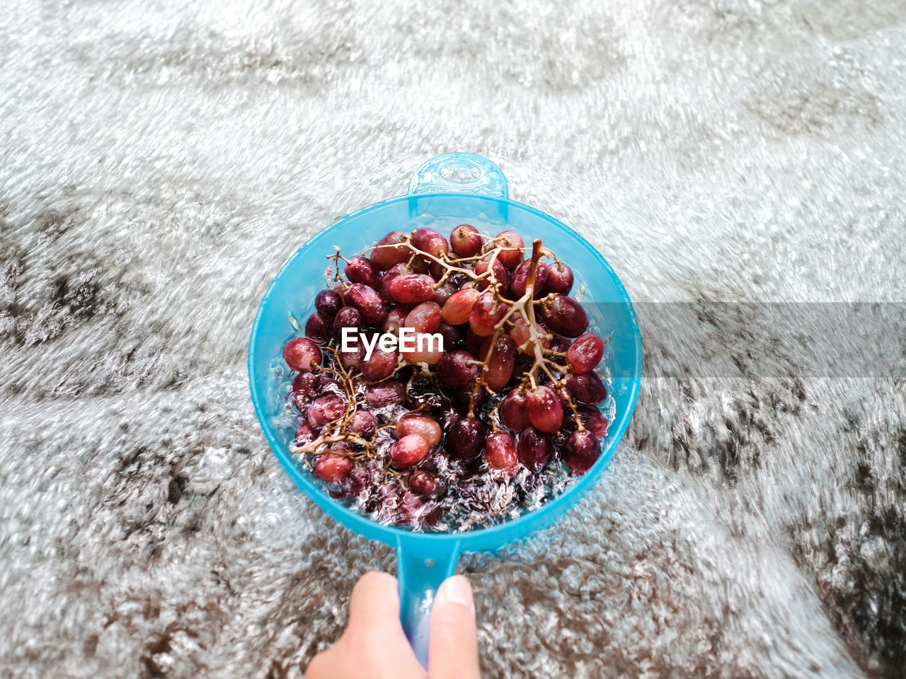 High angle view of grapes in a blue strainer in a stream