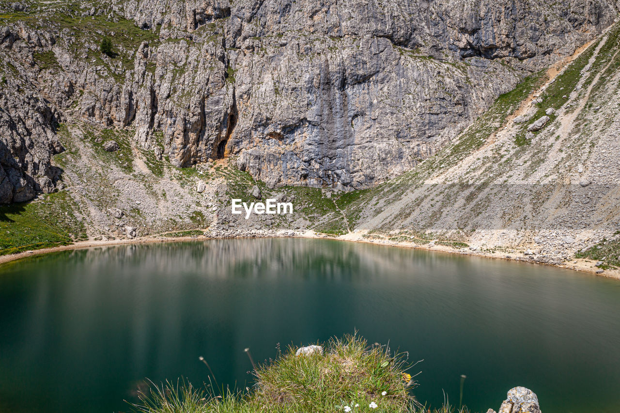 Lake of boe, a little alpine lake in italian dolomites mountains in alta badia, alto adige, italy