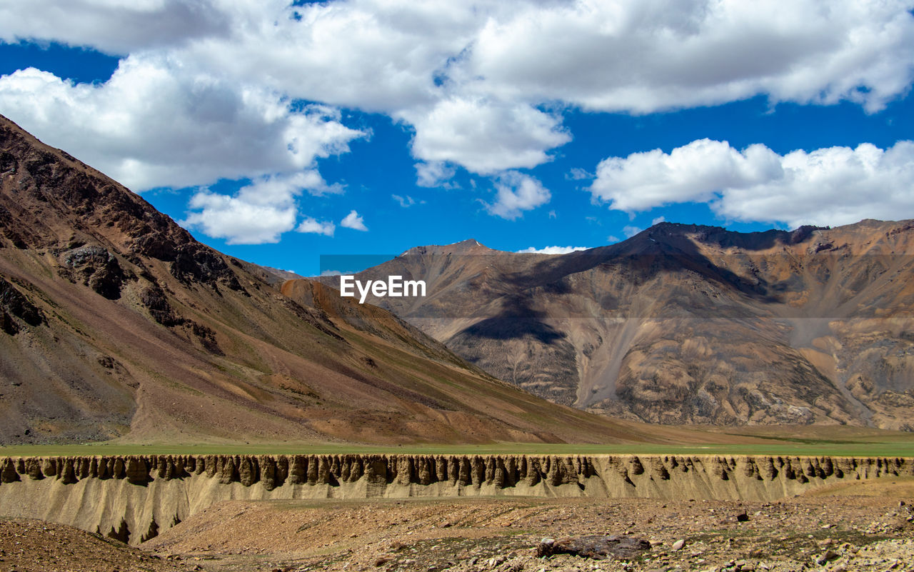PANORAMIC VIEW OF MOUNTAIN RANGE AGAINST CLOUDY SKY