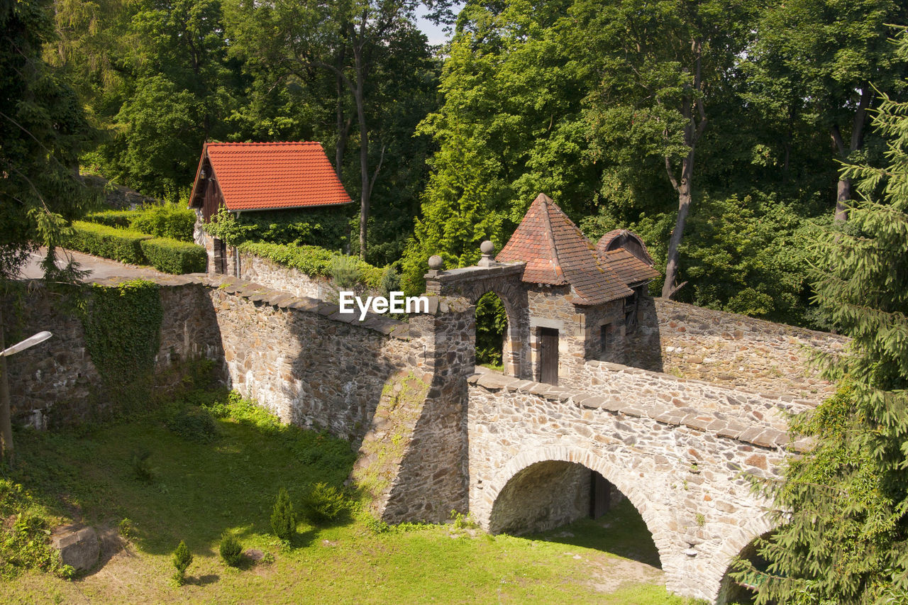 Old building by trees