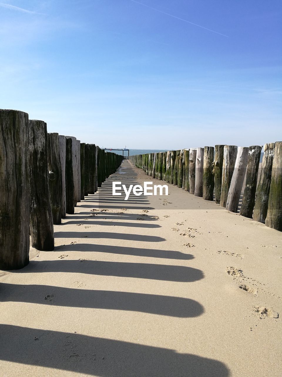 View of wooden posts in row against clear sky