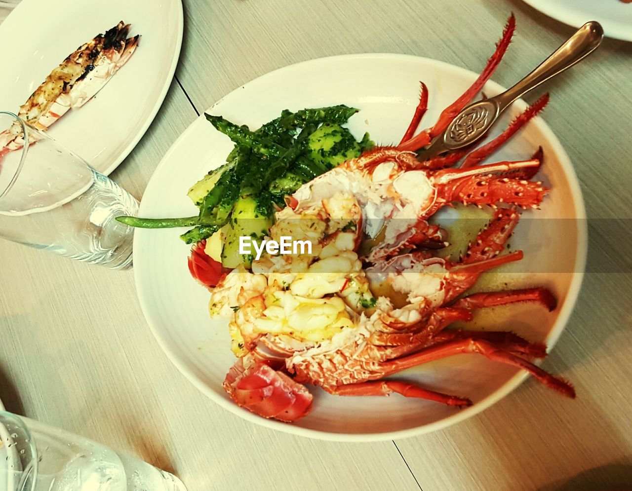 High angle view of lobster with salad in plate