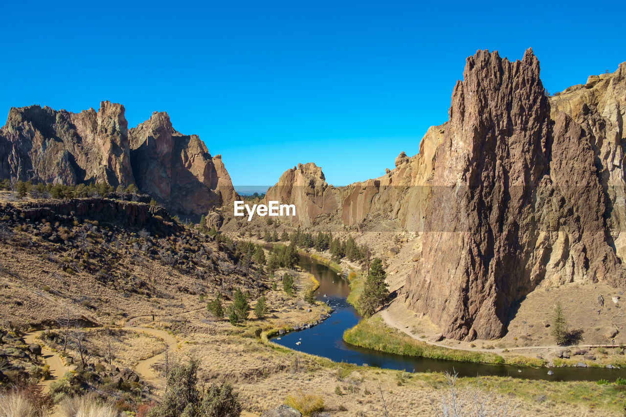 Scenic view of rock formations against clear blue sky