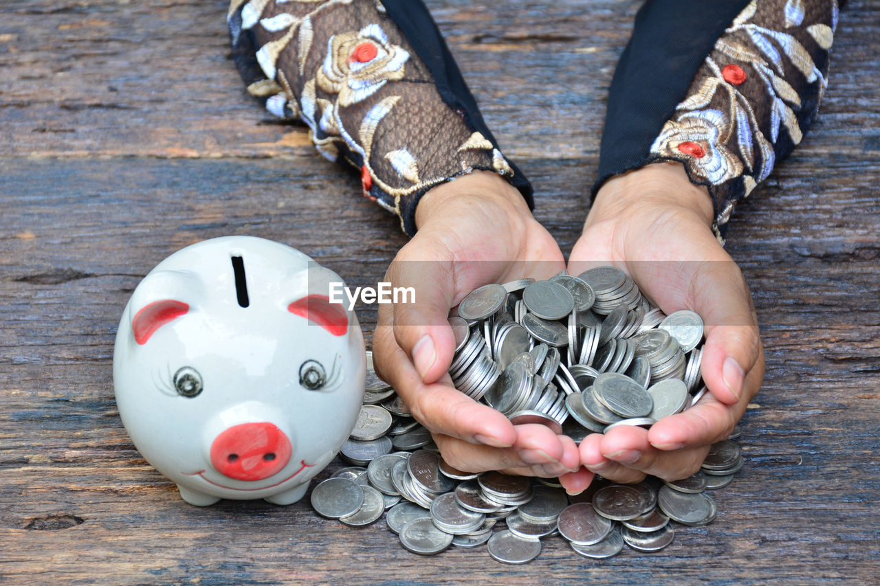 Cropped hands of woman holding money by piggy bank on wooden table