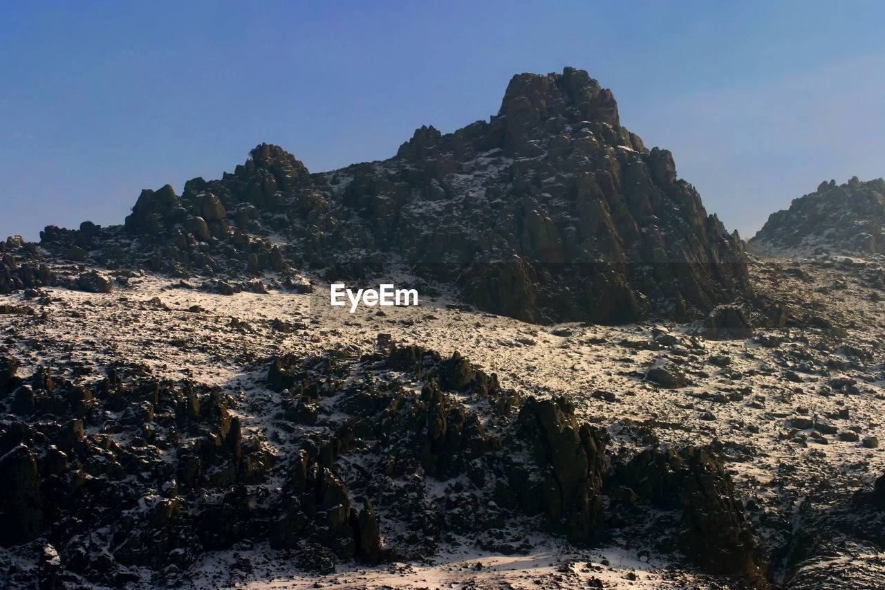 Rock formation on land against clear sky
