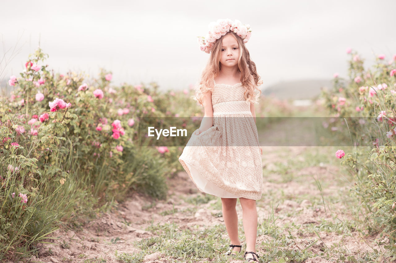 Portrait of cute girl wearing wreath standing at farm