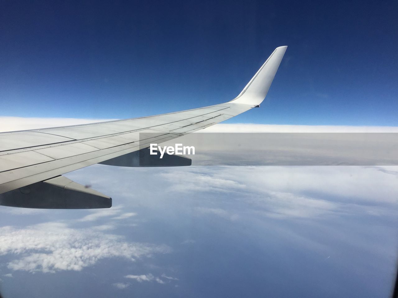 Aircraft wing seen through window in sky