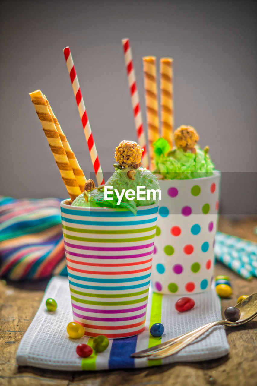 Close-up of fresh avocado ice cream served on table