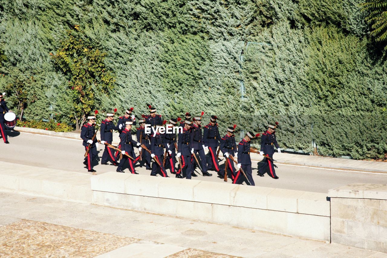 High angle view of military parade on road