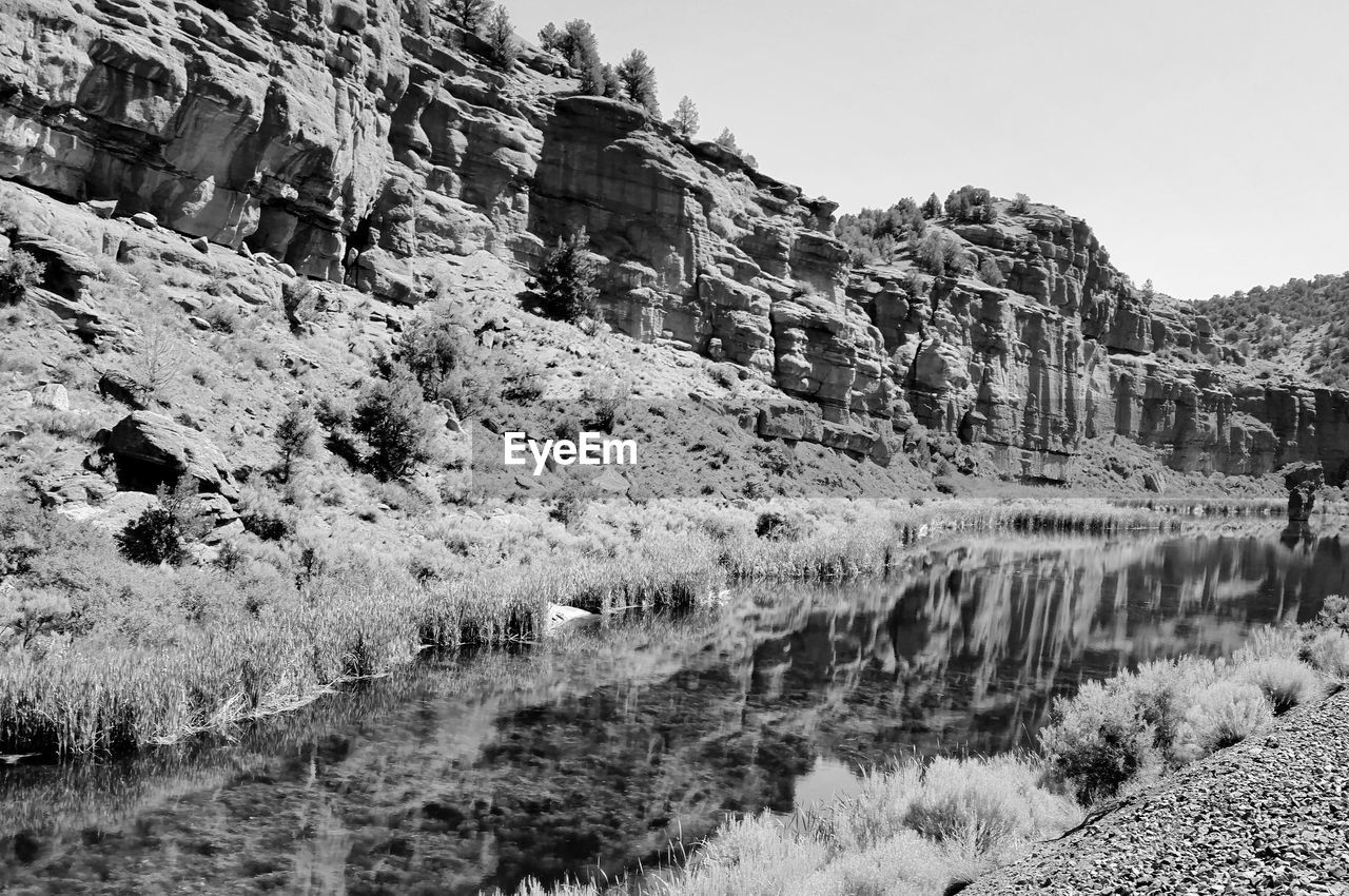 SCENIC VIEW OF RIVER BY MOUNTAINS AGAINST CLEAR SKY