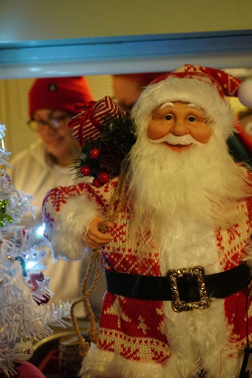 christmas, celebration, holiday, santa claus, human representation, decoration, representation, indoors, tradition, person, male likeness, christmas decoration, christmas tree, event, religion, clothing, human face