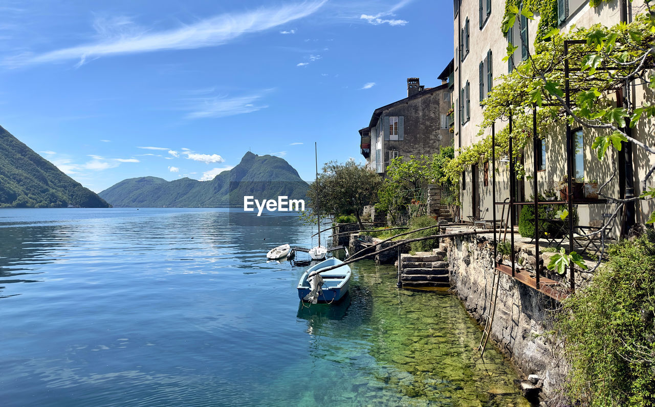 Scenic view of boat in lake against sky