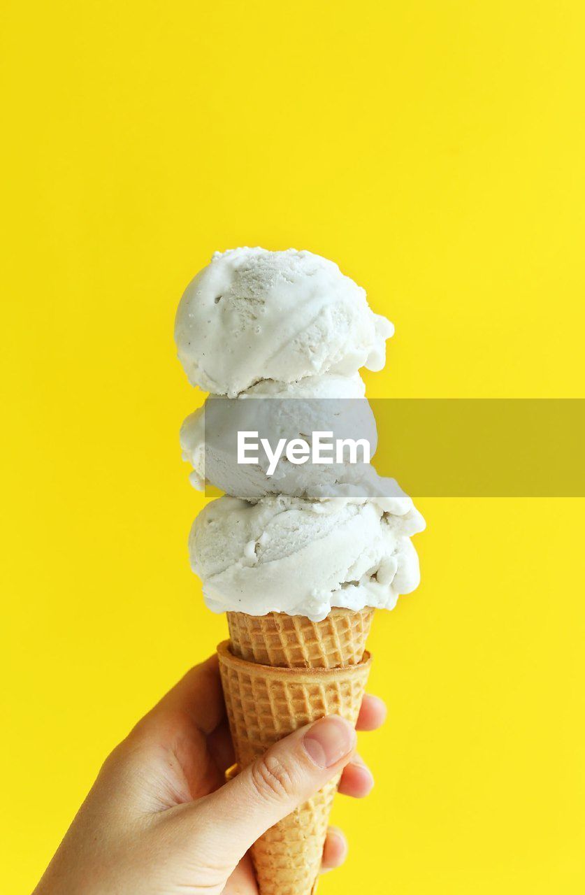 HUMAN HAND HOLDING ICE CREAM AGAINST YELLOW BACKGROUND