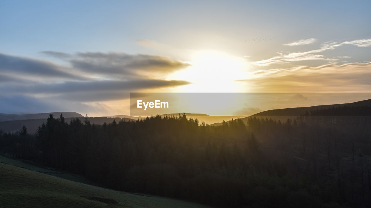 sky, environment, landscape, scenics - nature, beauty in nature, morning, cloud, sunrise, nature, dawn, sun, sunlight, tranquility, tree, plant, hill, tranquil scene, land, no people, sunbeam, forest, horizon, idyllic, non-urban scene, fog, outdoors, silhouette, travel, pinaceae, rural scene, lens flare, dramatic sky, pine tree, back lit, travel destinations, coniferous tree, mountain range, remote, twilight, mist, woodland