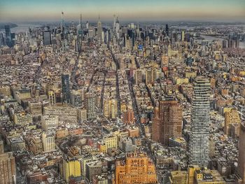 High angle view of modern buildings in city