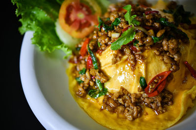 High angle view of food served in plate