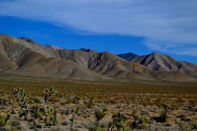 Scenic view of rocky mountains against blue sky