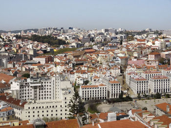 High angle shot of townscape against clear sky