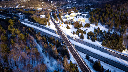 High angle view of cars on road in winter