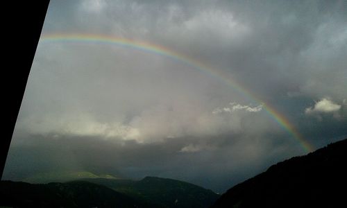 Scenic view of mountains against cloudy sky