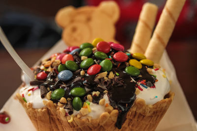 High angle view of dessert on table