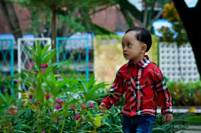 Cute boy standing against plants