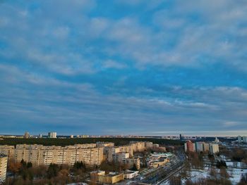 High angle shot of townscape against sky