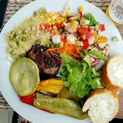 High angle view of meal served on table