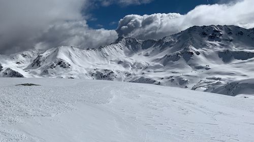 Scenic view of snow covered mountains against sky