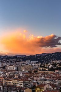 High angle view of townscape against sky during sunset