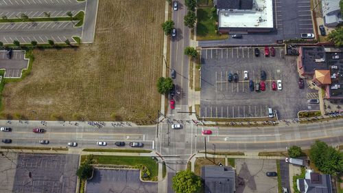 High angle view of street amidst buildings in city