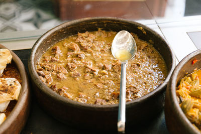 High angle view of fresh meal in claypot