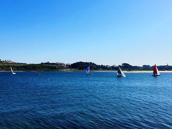 Scenic view of sea against clear blue sky