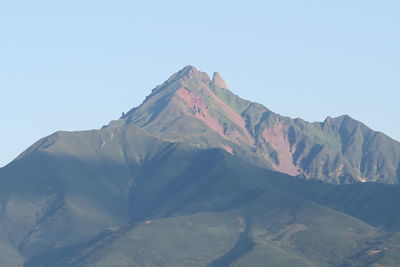 Scenic view of snowcapped mountains against clear sky