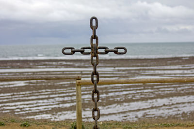 Close-up of water on beach against sky