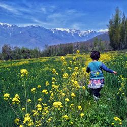 A child playing in fields of mustard during a sunny spring day.
