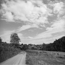 Dirt road along trees on field against sky