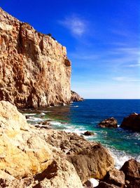 Rock formations by sea against clear blue sky