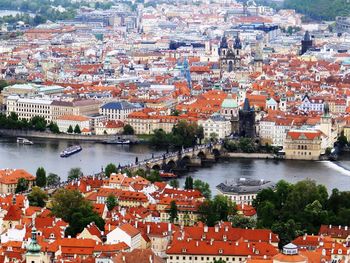 High angle view of charles bridge over river in city