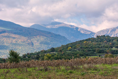 Scenic view of field and mountains against sky