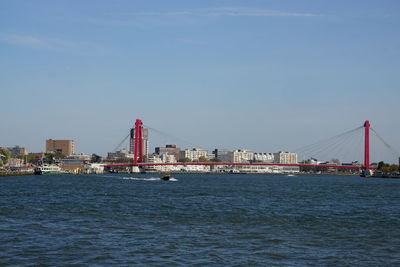 View of suspension bridge over sea