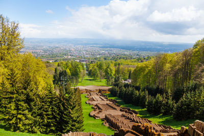 High angle view of trees on field against sky