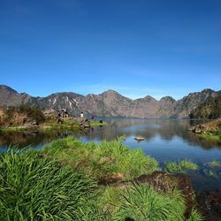 Scenic view of lake against clear blue sky