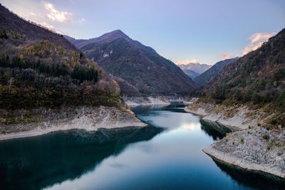 Scenic view of lake and mountains against sky