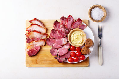 High angle view of breakfast served on table