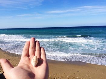 Person holding seashell at beach against sky