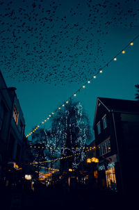 Low angle view of illuminated birds against sky at night