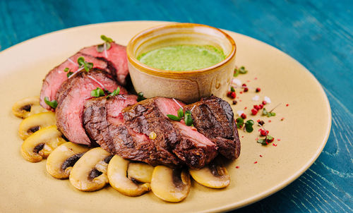 High angle view of food in plate on table