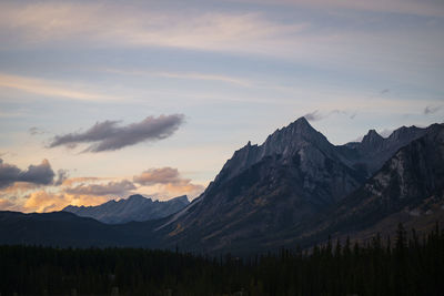 Scenic view of mountains against sky during sunset