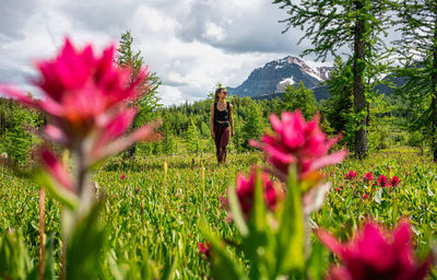 Hiking through a meadow of wild flowers in the mountains of banff